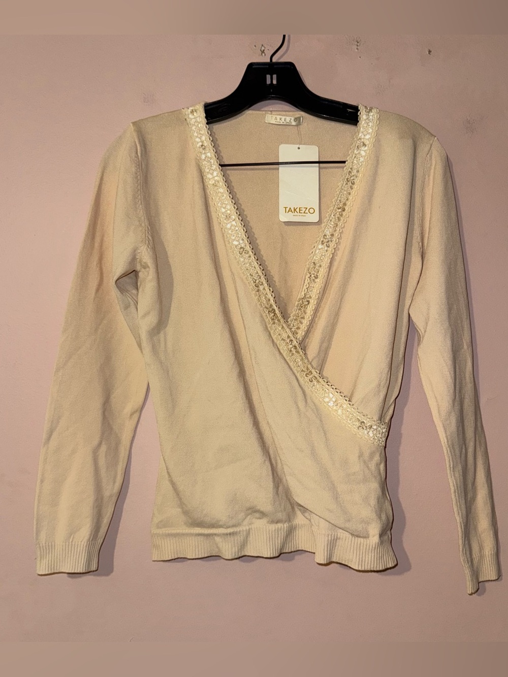 TAKEZO Spain Beige Sequin Neckline Wrap Top Size M NWT!